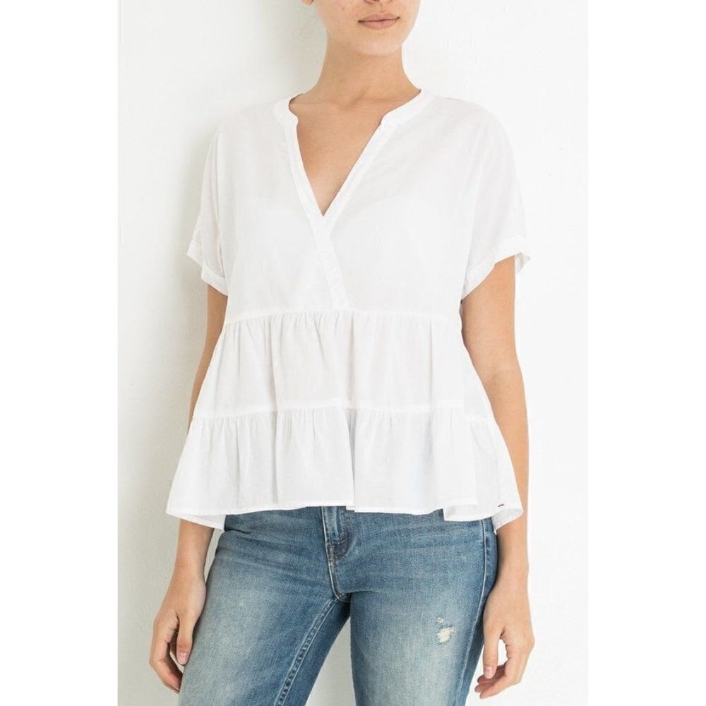 XiRENA Cotton Tiered Poppy Short Sleeve V Neck Top White Size S